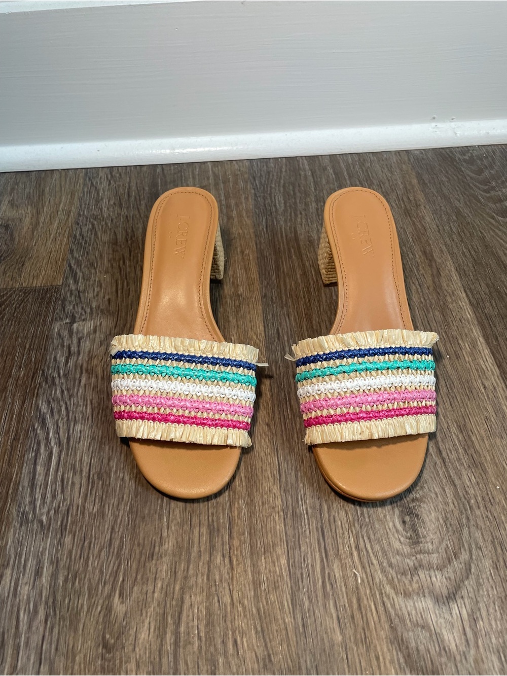 J Crew Raffia Rainbow Woven Block Heel Sandals Womens 6.5 Vacation Coastal - Picture 2 of 6